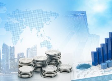 coins and charts in cityscape blue background, 3d illustration